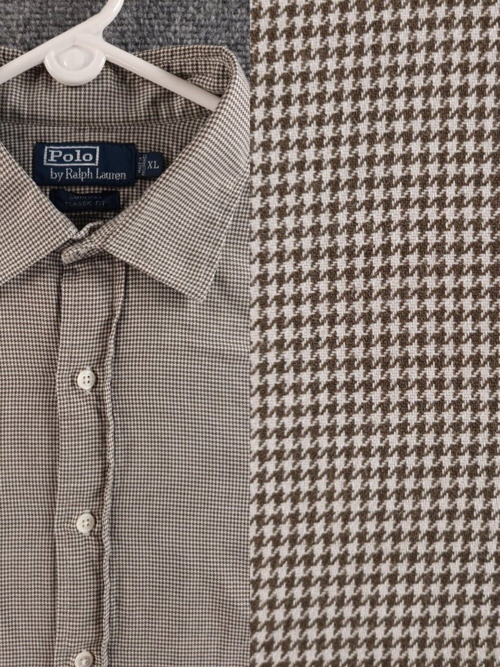 Polo Ralph Lauren Classic Houndstooth XL Brown Men Shirt Long Sleeve Preppy
